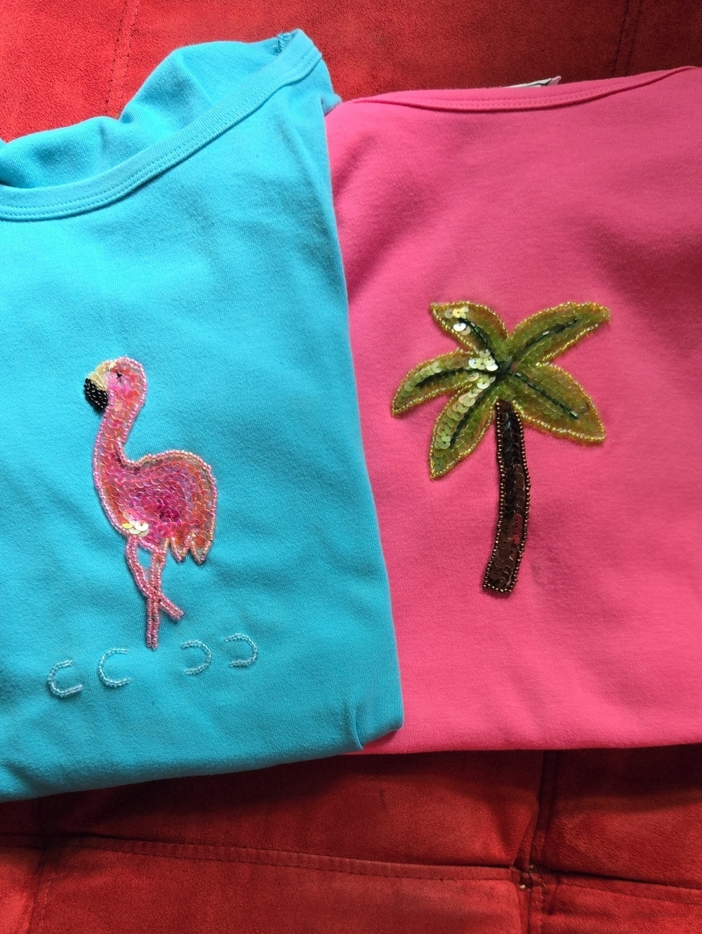Sequin Flamingo & Palm Short Sleeve Tee - Turquoise and Pink